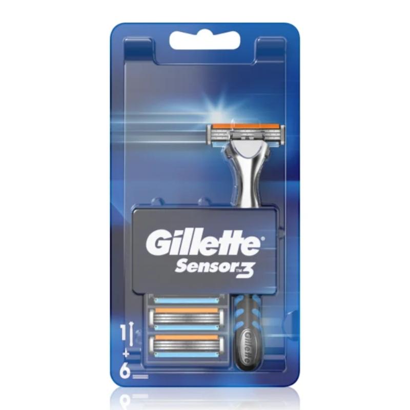 Gillette Sensor 3 Blade Men's Razor + 6 Refills Original Blue – Rakhyvel med 3 blad & refillpaket