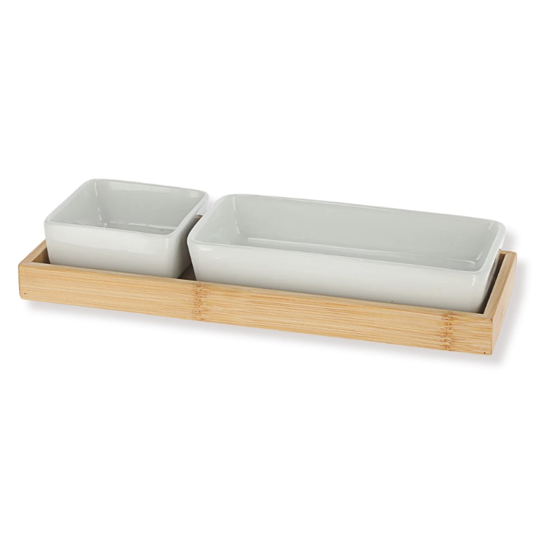 Servierset i bambu & porslin – 2 skålar med fat