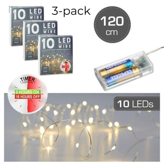 10 LED Silver Wire Warmwhite 120cm 3-pack