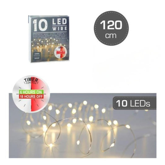 10 LED Silver Wire Warmwhite 120cm - batteri ingår