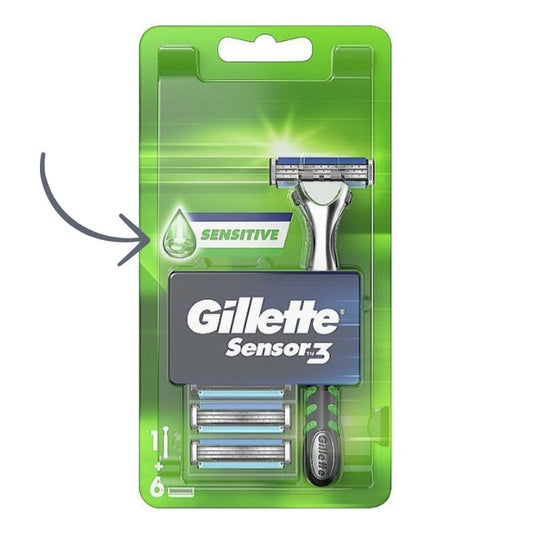 Gillette Sensor 3 Blade Men's Razor + 6 Refills Sensitive Green