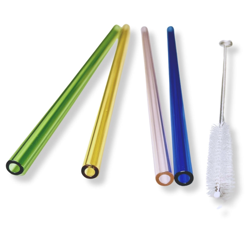 Glassugrör i färg 4-pack med rengöringsborste – hållbara sugrör i glas, 20 cm