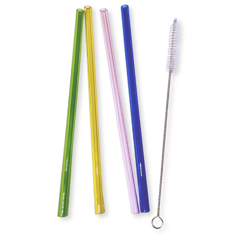 Glassugrör i färg 4-pack med rengöringsborste – hållbara sugrör i glas, 20 cm