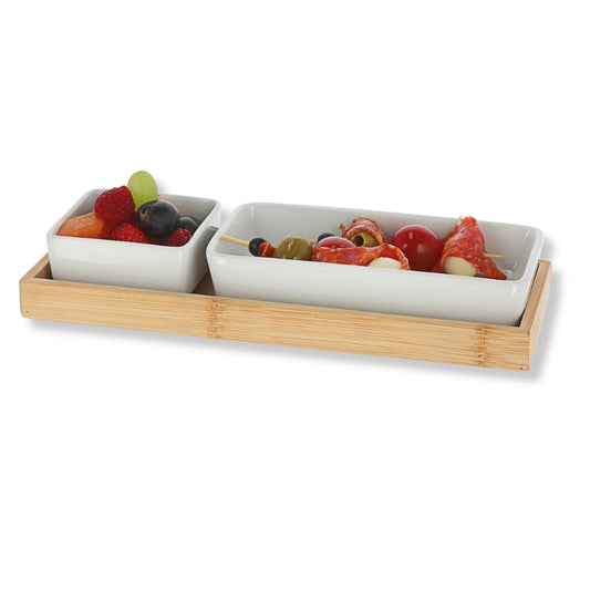 Servierset i bambu & porslin – 2 skålar med fat