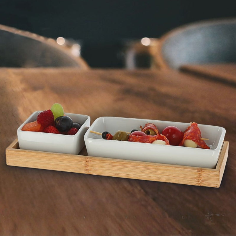 Servierset i bambu & porslin – 2 skålar med fat